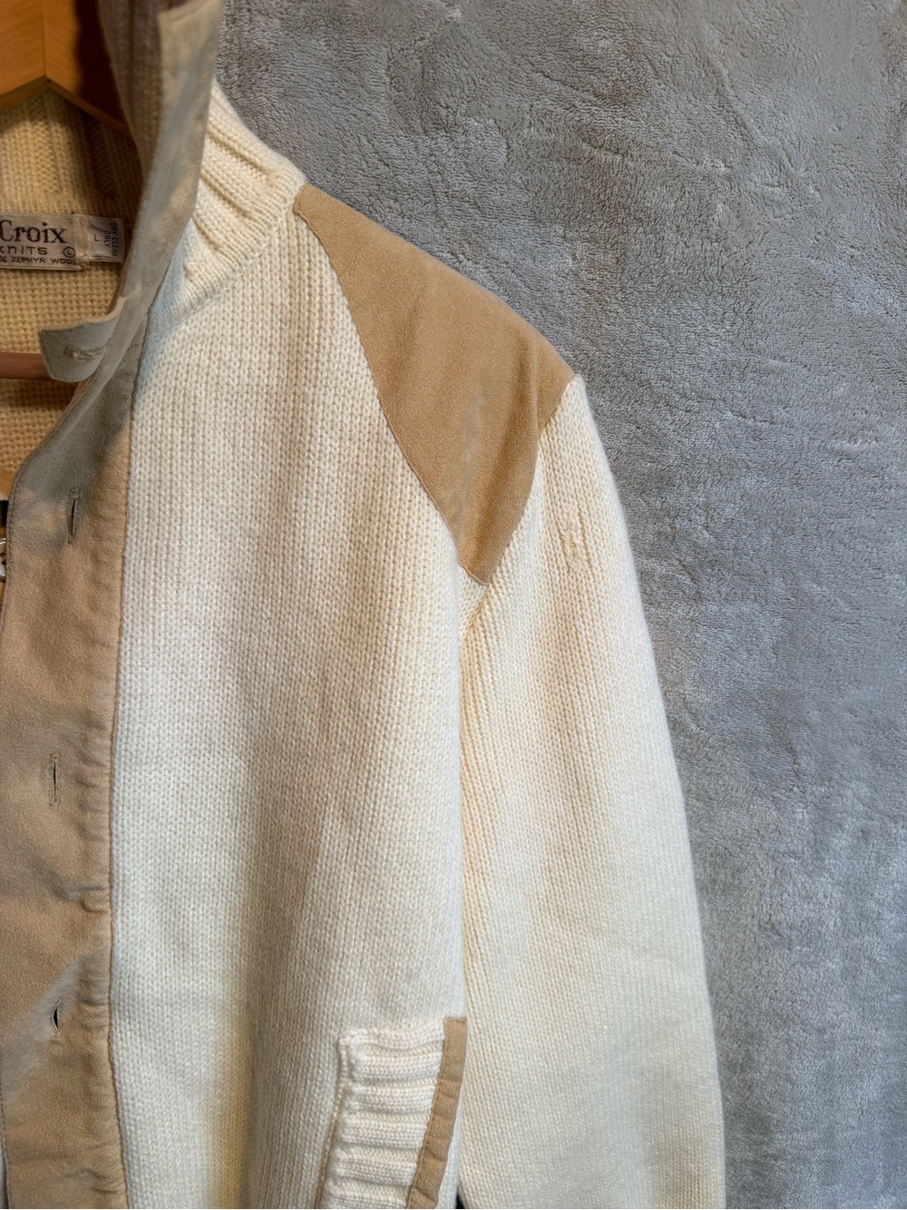 St. Croix Cream Grandpa Papa Core Knit Jacket with Tan Suede Trim